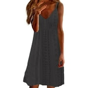 WNEGSTG Summer Dresses for Women Maxi Boho Dress Sundresses,Women's Summer Hollow Jacquard V Neck Solid Color Sleeveless Casual Dress
